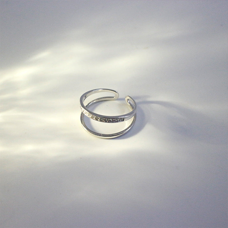 Women Double Layer CZ Lines 925 Sterling Silver Adjustable Ring