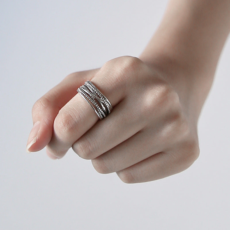 Vintage Multi Layer Beads Twisted 925 Sterling Silver Adjustable Ring