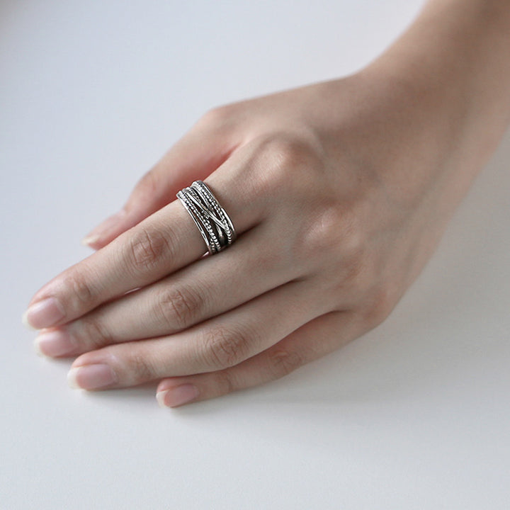 Vintage Multi Layer Beads Twisted 925 Sterling Silver Adjustable Ring