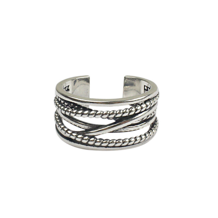 Vintage Multi Layer Beads Twisted 925 Sterling Silver Adjustable Ring