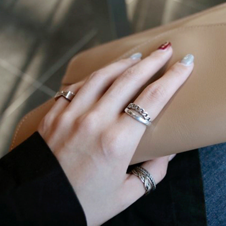 Vintage Chain Double Layer 925 Sterling Silver Adjustable Ring