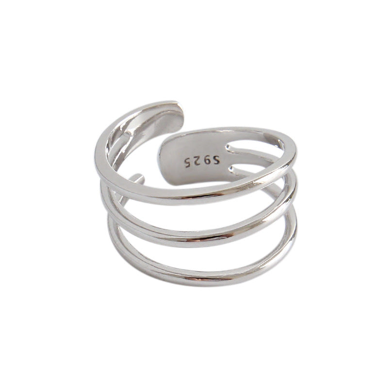 Fashion Triple Layers Hollow Wide 925 Sterling Silver Adjustable Ring