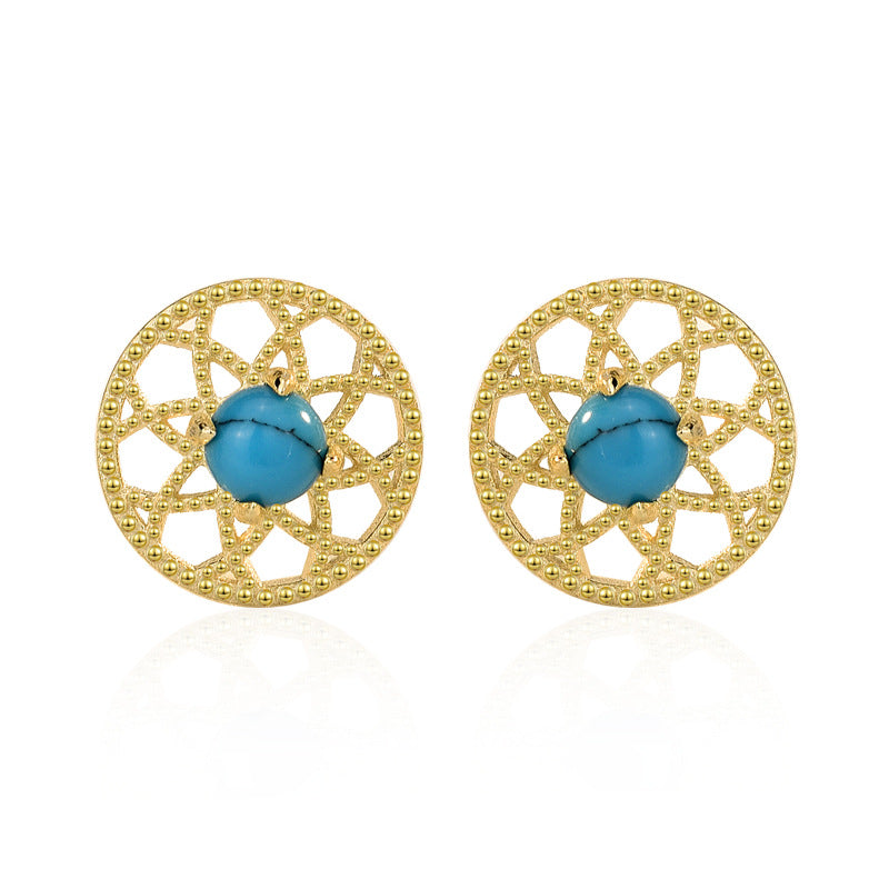 Classic Natural Turquoise Dream Net 925 Sterling Silver Stud Earrings