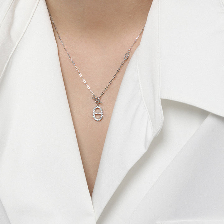 Geometry CZ Hollow Oval Pig Nose OT 925 Sterling Silver Necklace